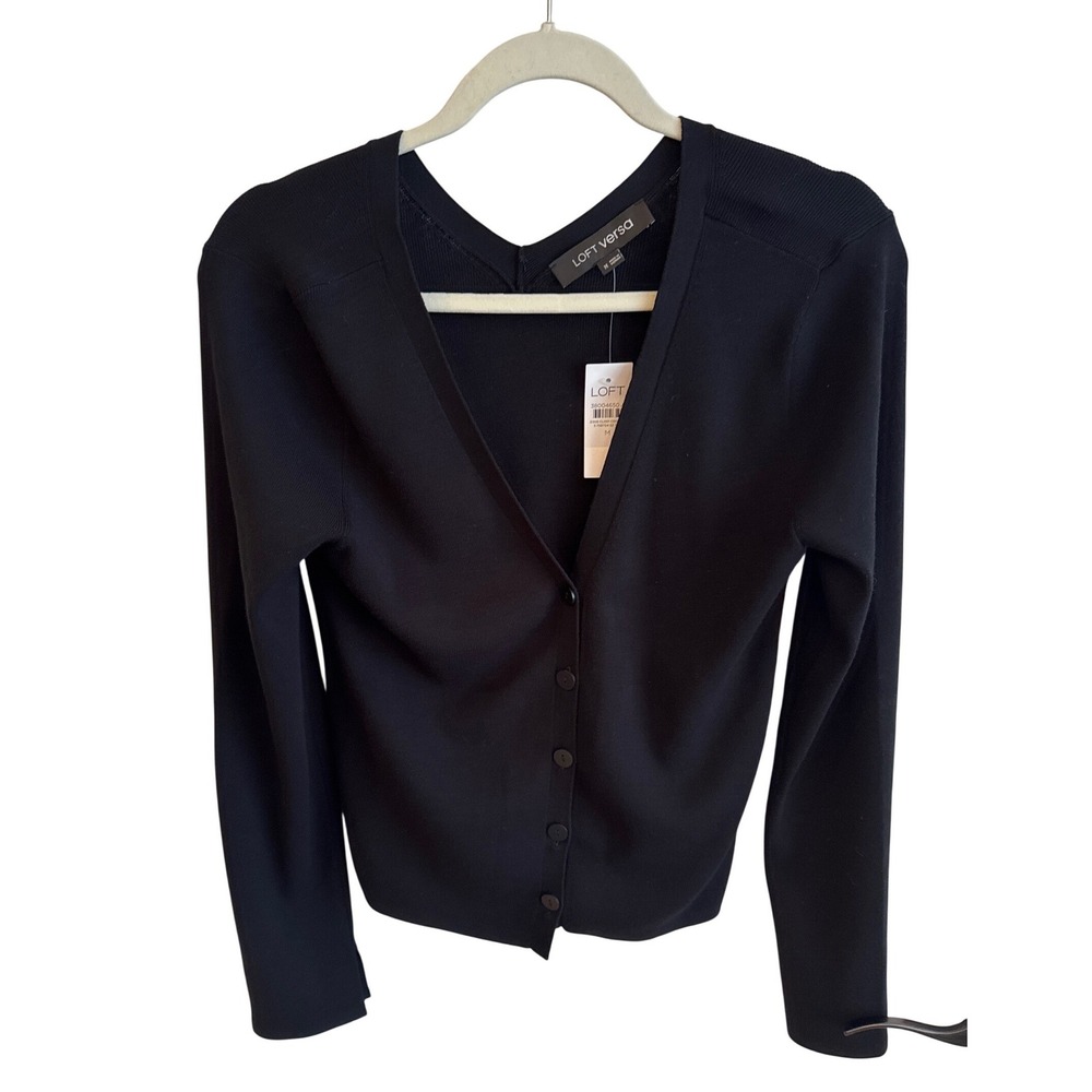 LOFT Versa Black V-Neck‎ Button Front Long Sleeve Cardigan Sweater Top M